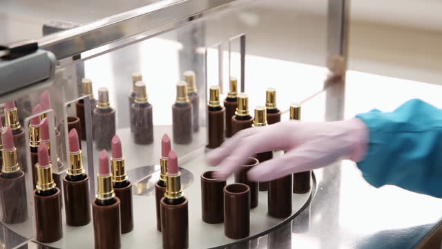 The process of cosmetic production. Woman working in cosmetic factory. Quality check of lipstick.
