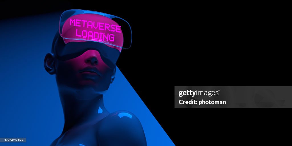 Blue female cyber with neon pink META VERSE LOADING text goggles on geometric dark background