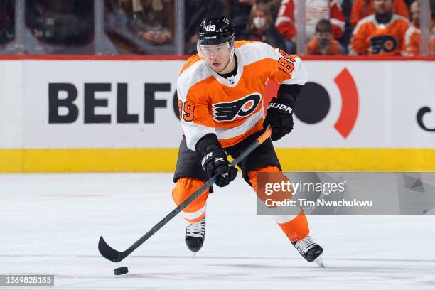 Cam Atkinson of the Philadelphia Flyers skates with the puck against the Detroit Red Wings at Wells Fargo Center on February 09, 2022 in...