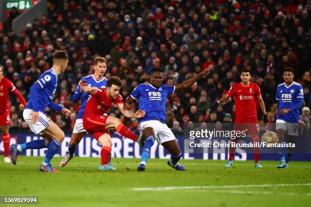 Diogo Jota of Liverpool scores his side's second goal during the Premier League match between Liverpool and Leicester City at Anfield on February 10,...