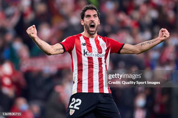Raul Garcia of Athletic Club celebrates after scoring his team's first goal during the Copa del Rey Semi Finals match between Athletic Club and...