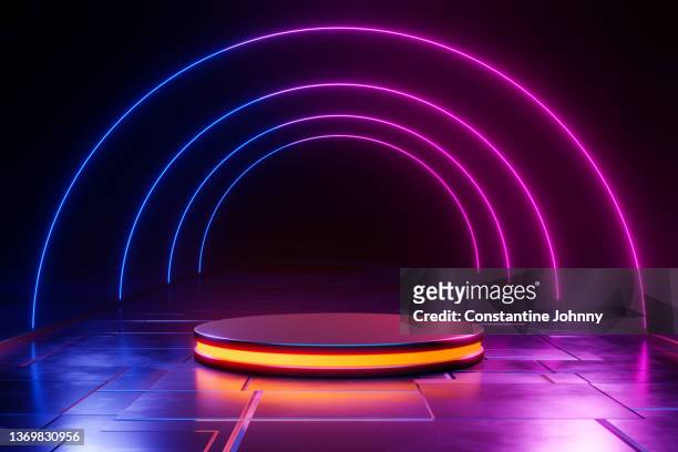 glowing futuristic product display stand podium background - 電飾 ストックフォトと画像