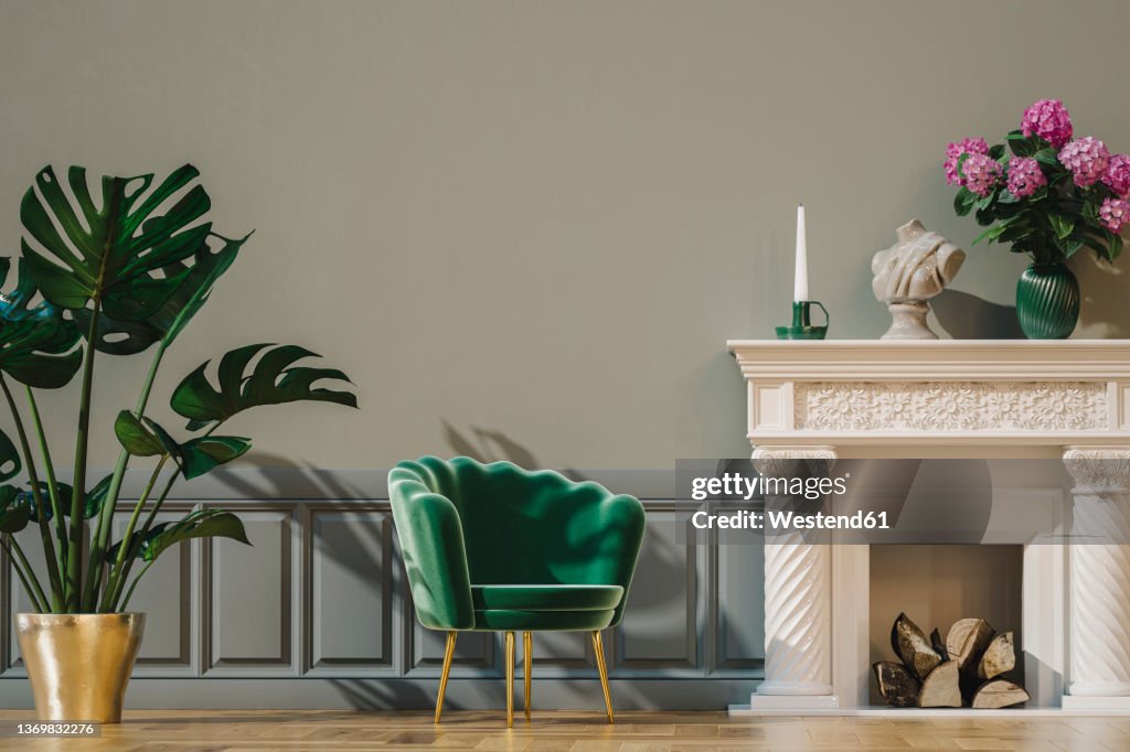 Three dimensional render of living room with single chair, potted plant, wall panels and fireplace