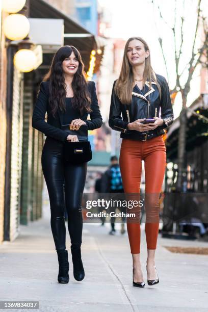 Sara Sampaio and Josephine Skriver are seen in the East Village on February 10, 2022 in New York City.