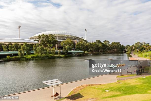 australia, south australia, adelaide, elder park riverside promenade with adelaide oval in background - adelaide people stock pictures, royalty-free photos & images