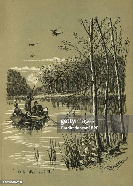 hunter shooting geese from a rowing boat, victorian hunting game shooting, 1890s, 19th century - art product stock illustrations