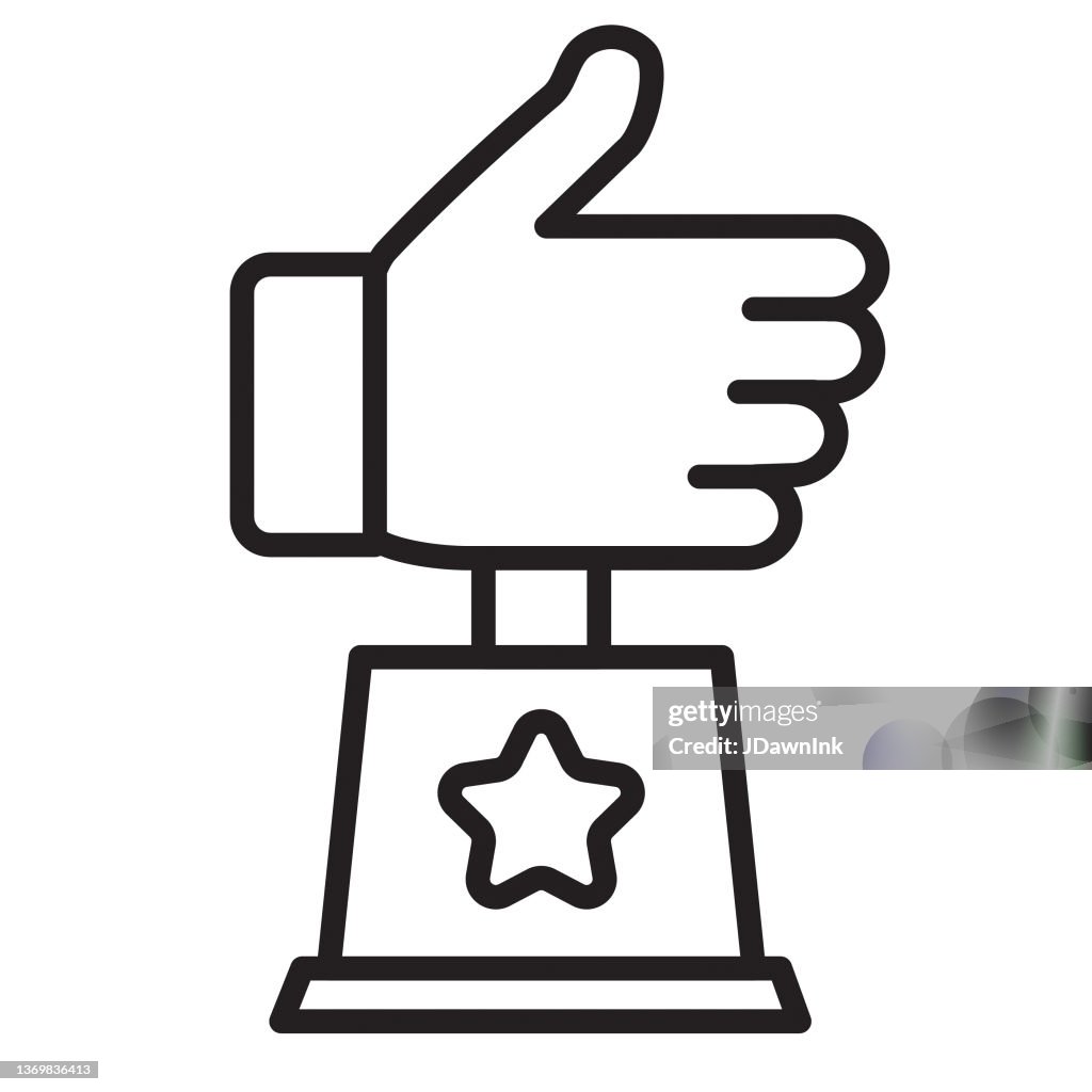 Icon for Social Media content creator achievement, trophy, award plaque with thumbs up - editable stroke