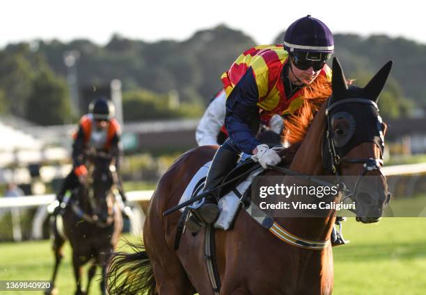 Jamie Kah riding Nature Strip during jump outs at Flemington Racecourse on February 11, 2022 in Melbourne, Australia.