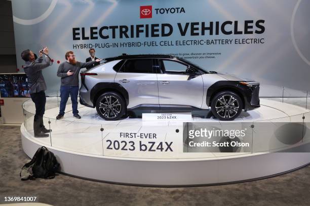 Toyota displays the 2023 bZ4X at the Chicago Auto Show at McCormick Place convention center on February 10, 2022 in Chicago, Illinois. The show, the...