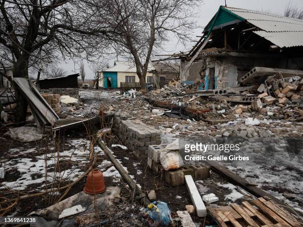 The ruins of a village are seen on February 10, 2022 in Nevelske, Ukraine. The village was heavily shelled by 120 mm shells mid-November in 2021,...