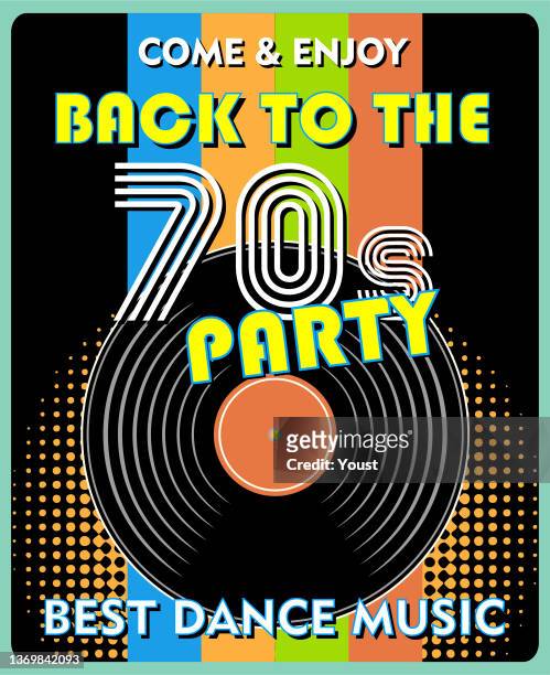 ilustraciones, imágenes clip art, dibujos animados e iconos de stock de fiesta de música retro de los 70 y póster de discos de vinilo vintage en estilo de diseño retro. disco party 80's. - número 70