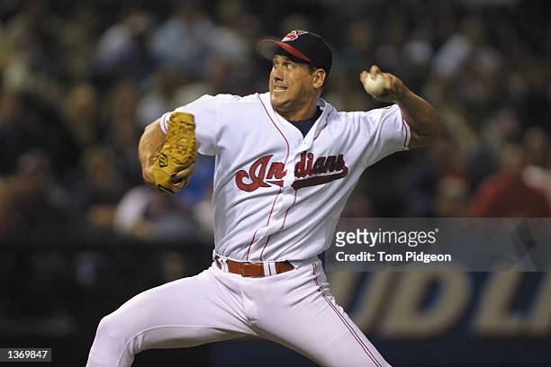 John Rocker of the Cleveland Indians throws a pitch against the Kansas City Royals during the game on September 18, 2001 at Jacob's Field in...
