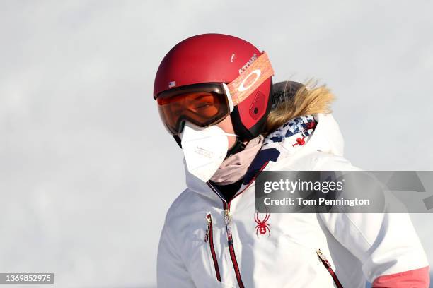 Mikaela Shiffrin of Team United States inspects the course prior to the Women's Super-G on day seven of the Beijing 2022 Winter Olympic Games at...