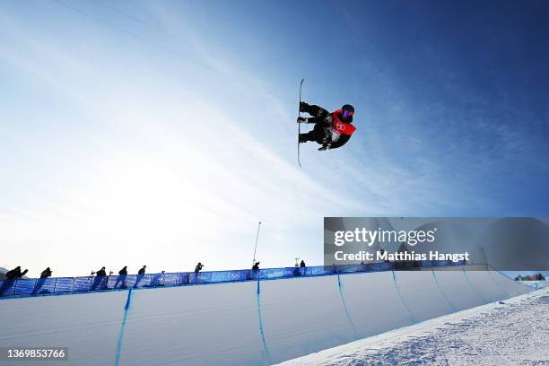 Chase Josey of Team United States performs a trick in practice ahead of the Men's Snowboard Halfpipe Final on day 7 of the Beijing 2022 Winter...