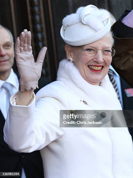 Queen Margrethe II of Denmark arrives for the official reception to celebrate 40 years on the throne at City Hall on January 14, 2012 in Copenhagen,...