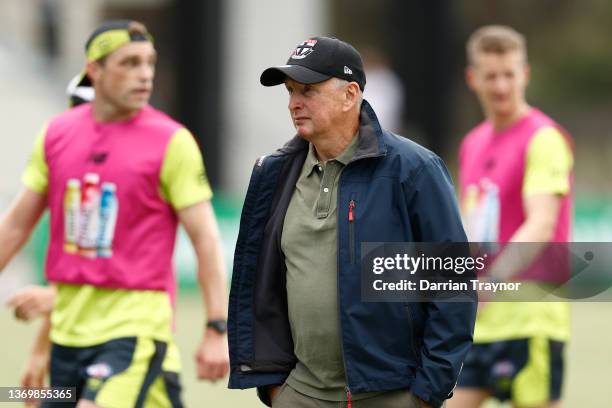 Former A League coach Ernie Merrick looks on during a St Kilda Saints AFL training session at Trevor Barker Beach Oval on February 11, 2022 in...