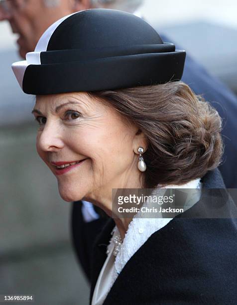 Queen Silvia of Sweden arrives for the official reception to celebrate Queen Margrethe II of Denmark's 40 years on the throne at City Hall on January...