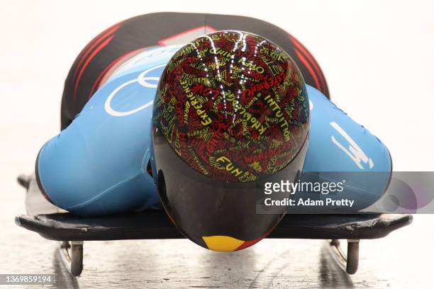 Kim Meylemans of Team Belgium slides during the Women's Skeleton heats on day seven of Beijing 2022 Winter Olympic Games at National Sliding Centre...