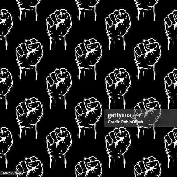 ilustraciones, imágenes clip art, dibujos animados e iconos de stock de patrón sin costuras de puño levantado - potenciación del negro
