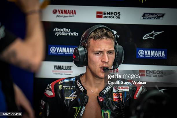 Fabio Quartararo of France and Monster Energy Yamaha MotoGP with headset speaks to his crew after his first turn during the MotoGP Pre-Season...