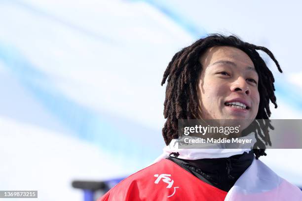 Gold medallist Ayumu Hirano of Team Japan celebrates during the Men's Snowboard Halfpipe flower ceremony on day 7 of the Beijing 2022 Winter Olympics...