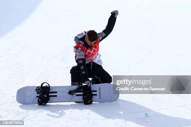 Shaun White of Team United States shows emotion after finishing fourth during the Men's Snowboard Halfpipe Final on day 7 of the Beijing 2022 Winter...