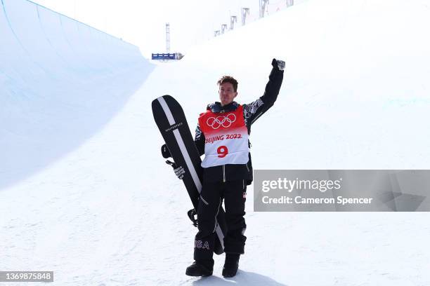 Shaun White of Team United States shows emotion after finishing fourth during the Men's Snowboard Halfpipe Final on day 7 of the Beijing 2022 Winter...