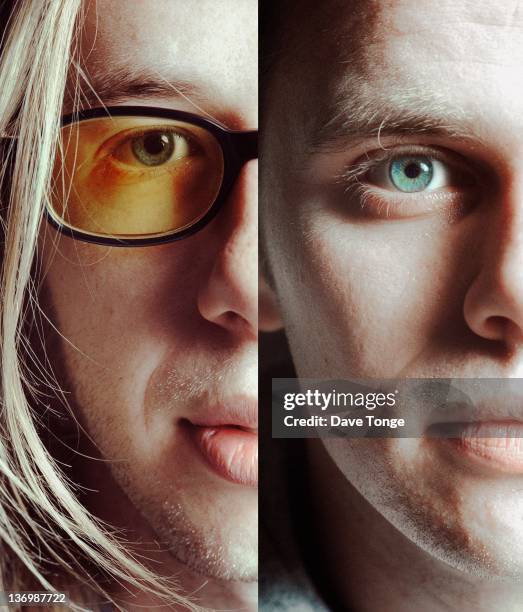 Composite portrait of Tom Rowlands and Ed Simons of English electronic music duo The Chemical Brothers, London, United Kingdom, 1997.