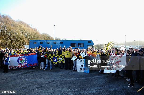 Blackburn Fans protest in front of the Darwen End stand prior to the Barclays Premier League match between Blackburn Rovers and Fulham at Ewood park...