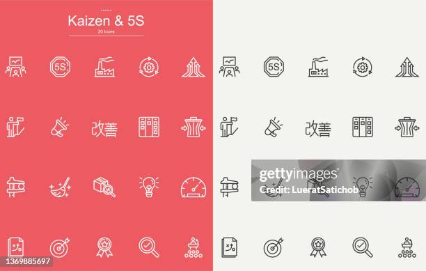 kaizen and 5s line icons design - co ordination stock illustrations