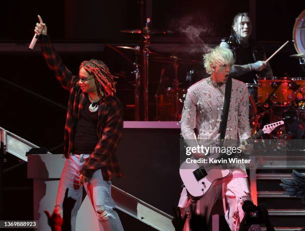 Trippie Redd and Machine Gun Kelly perform onstage during the Bud Light Super Bowl Music Festival at Crypto.com Arena on February 10, 2022 in Los...