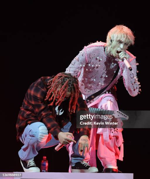 Trippie Redd and Machine Gun Kelly perform onstage during the Bud Light Super Bowl Music Festival at Crypto.com Arena on February 10, 2022 in Los...