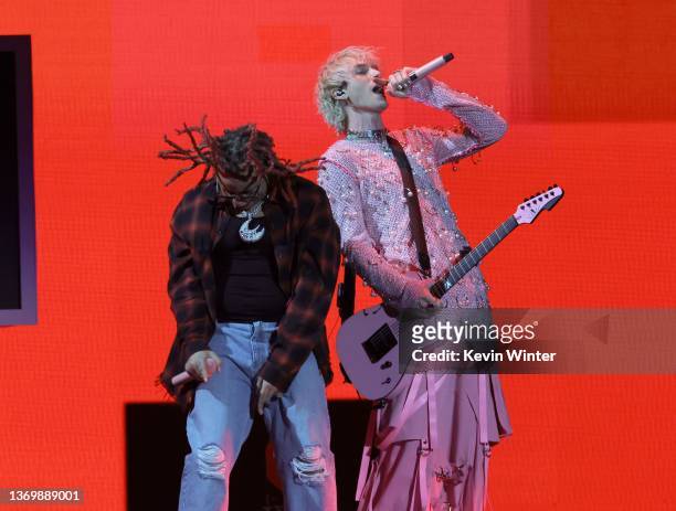 Trippie Redd and Machine Gun Kelly perform onstage during the Bud Light Super Bowl Music Festival at Crypto.com Arena on February 10, 2022 in Los...