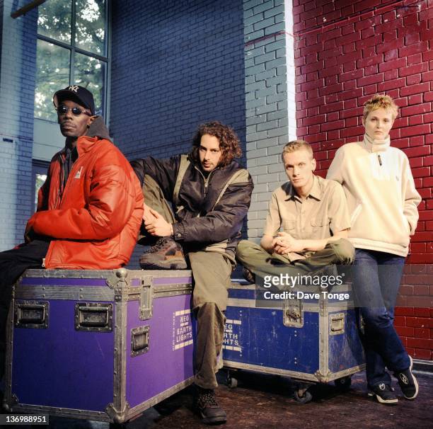 British electronica band Faithless, Leeds, United Kingdom, October 1998. Left to right: Maxi Jazz, Jamie Catto, Dave Randall and Sister Bliss.