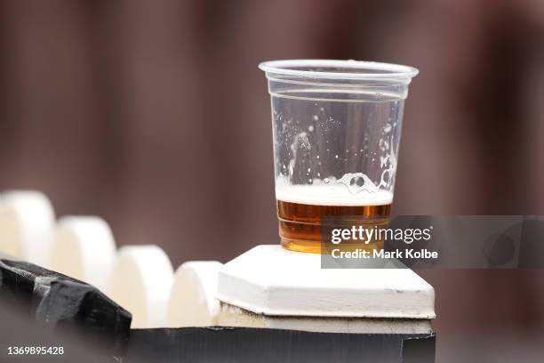 Beer is seen on the fence during game one in the T20 International series between Australia and Sri Lanka at Sydney Cricket Ground on February 11,...