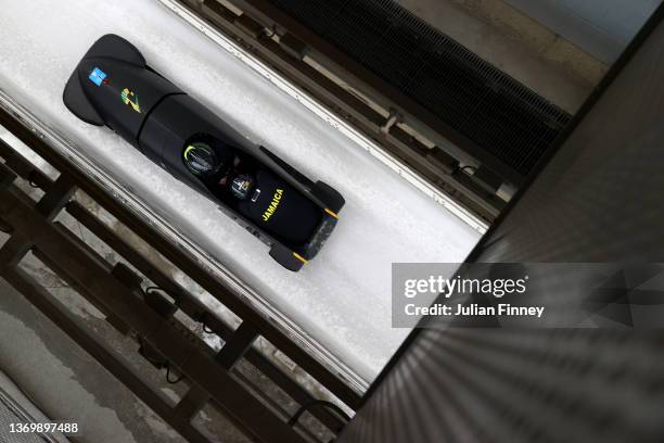 Shanwayne Stephens of Team Jamaica slides during the 2-man Bobsleigh training on day seven of Beijing 2022 Winter Olympic Games at National Sliding...