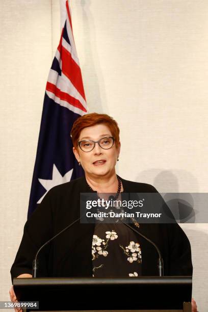 Australia Minister for Foreign Affairs and Minister for Women Marise Payne speaks at a joint press conference of the Quad Foreign Ministers meeting...