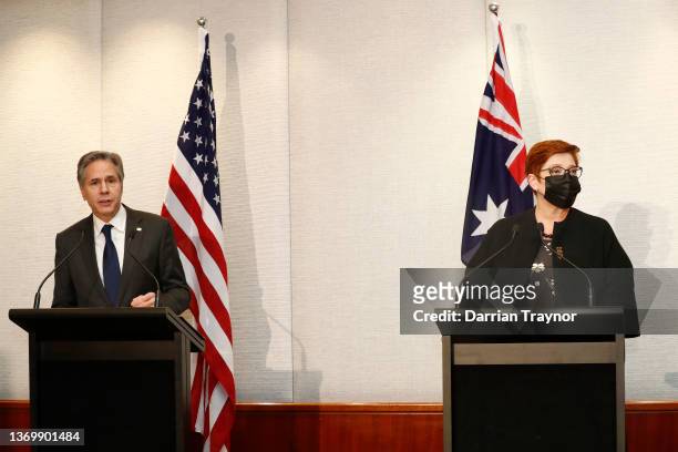 Secretary of State Antony Blinken speaks as Australia Minister for Foreign Affairs and Minister for Women Marise Payne looks on at a joint press...