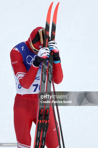 Silver medallist Alexander Bolshunov of Team ROC reacts during the Men's Cross-Country Skiing 15km Classic on Day 7 of Beijing 2022 Winter Olympics...
