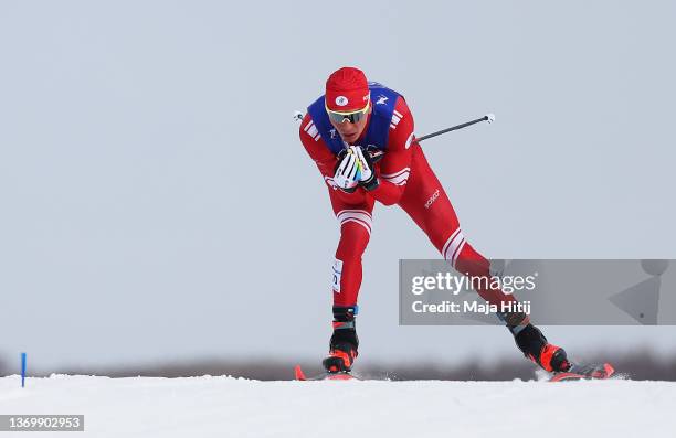 Alexander Bolshunov of Team ROC competes during the Men's Cross-Country Skiing 15km Classic on Day 7 of Beijing 2022 Winter Olympics at The National...