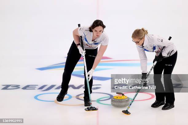 Ekaterina Kuzmina and Galina Arsenkina of Team ROC compete against Team Switzerland during the Women's Round Robin Curling Session on Day 7 of the...
