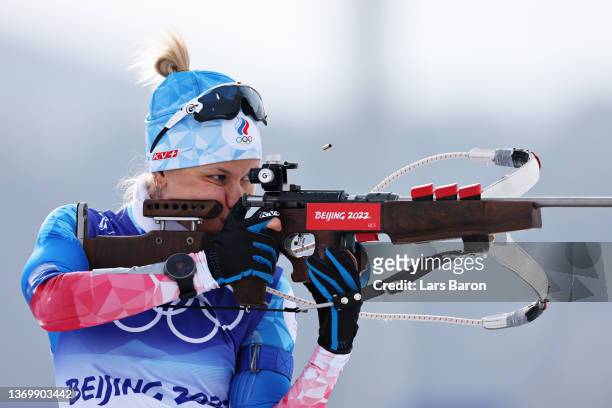 Kristina Reztsova of Team ROC shoots during a warm up before Women's Biathlon 7.5km Sprint at National Biathlon Centre during day 7 of Beijing 2022...