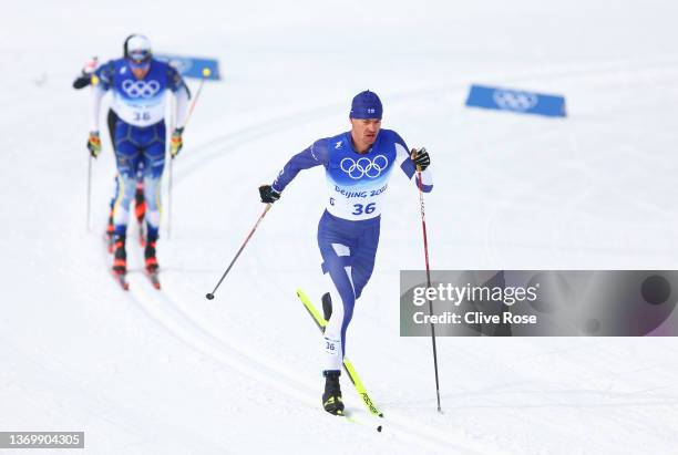 Perttu Hyvarinen of Team Finland competes during the Men's Cross-Country Skiing 15km Classic on Day 7 of Beijing 2022 Winter Olympics at The National...