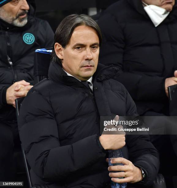 Simone Inzaghi head coach of FC Internazionale looks on prior the Coppa Italia match between FC Internazionale and AS Roma at Stadio Giuseppe Meazza...