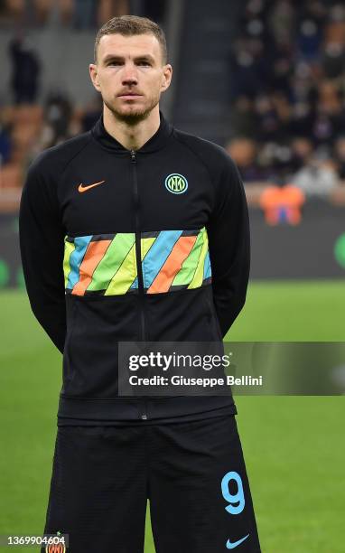 Edin Dzeko of FC Internazionale looks on prior the Coppa Italia match between FC Internazionale and AS Roma at Stadio Giuseppe Meazza on February 8,...