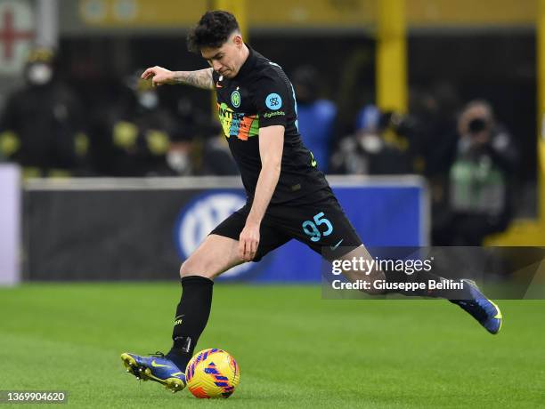 Alessandro Bastoni of FC Internazionale in action during the Coppa Italia match between FC Internazionale and AS Roma at Stadio Giuseppe Meazza on...