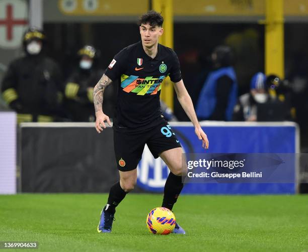 Alessandro Bastoni of FC Internazionale in action during the Coppa Italia match between FC Internazionale and AS Roma at Stadio Giuseppe Meazza on...