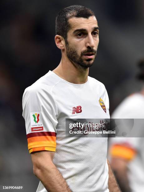 Henrikh Mkhitaryan of AS Roma looks on during the Coppa Italia match between FC Internazionale and AS Roma at Stadio Giuseppe Meazza on February 8,...