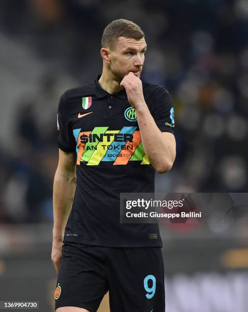 Edin Dzeko of FC Internazionale looks on during the Coppa Italia match between FC Internazionale and AS Roma at Stadio Giuseppe Meazza on February 8,...