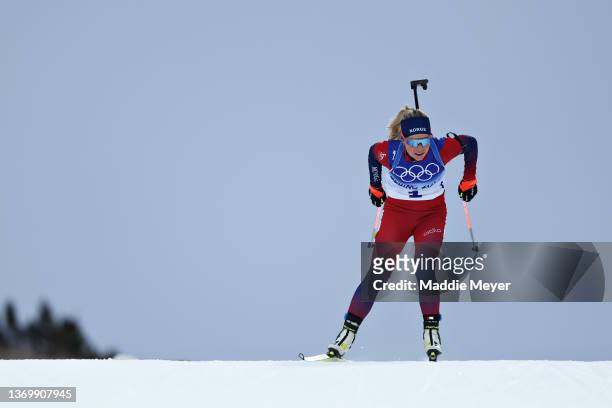 Tiril Eckhoff of Team Norway skis during Women's Biathlon 7.5km Sprint at National Biathlon Centre during day 7 of Beijing 2022 Winter Olympics on...